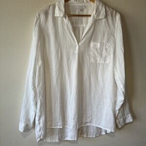 J.Jill love linen White V Neck Collared Shirt Women L Beachy Coastal Lagenlook
